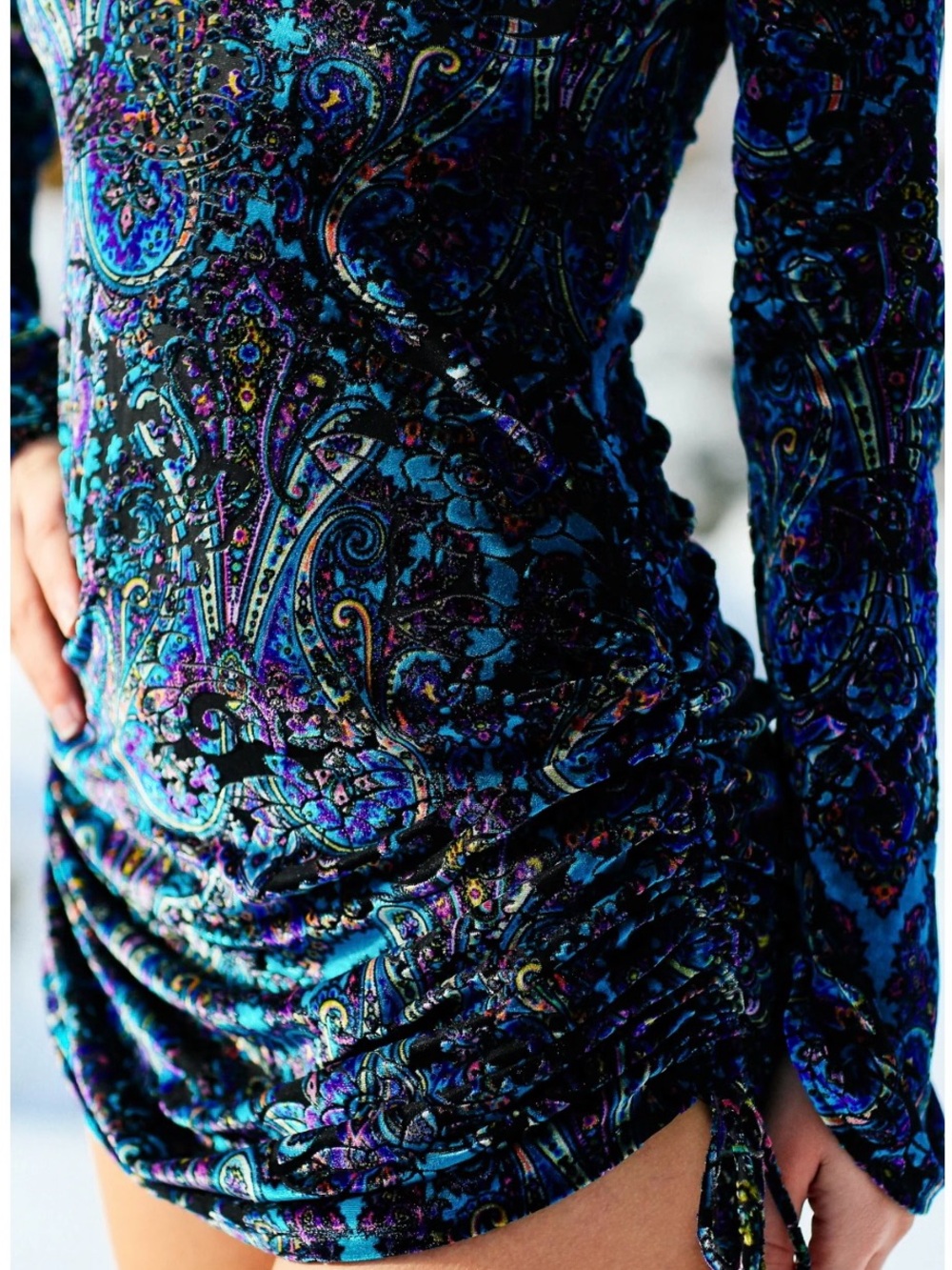Paisley Velvet Long Sleeve Mini Dress in Teal & Purple